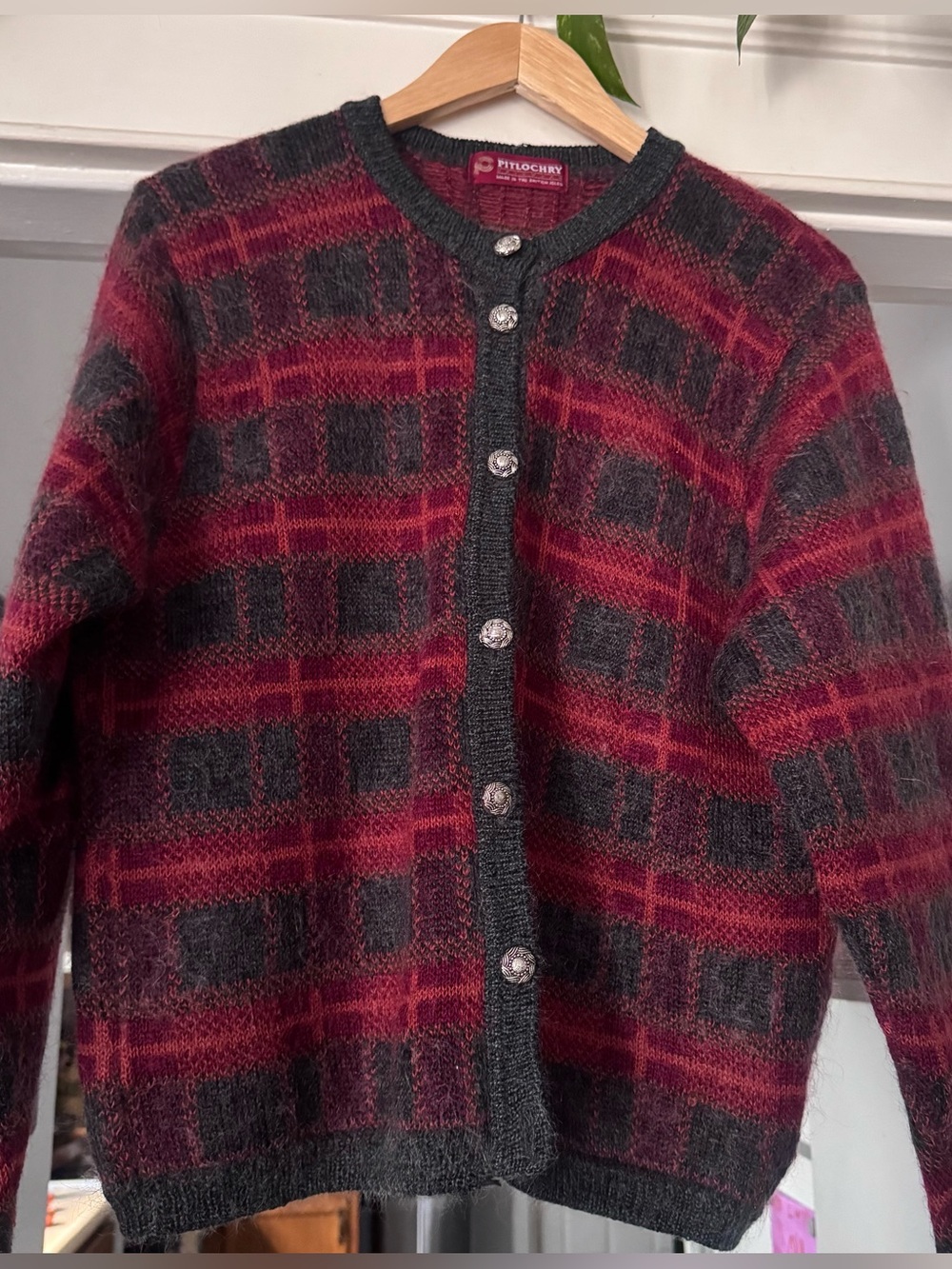 Pitlochry Scottish sweater vintage plaid mohair blend cardigan button red black